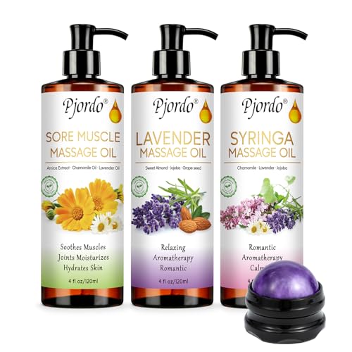 Pjordo Body Massage Oil for Massage Therapy Kit Lilac Lavender Sore Muscle Arnica Oil with Massage Roller Ball Relaxing Massage Oils for Pain Relief Spa Gift Set for Him Her