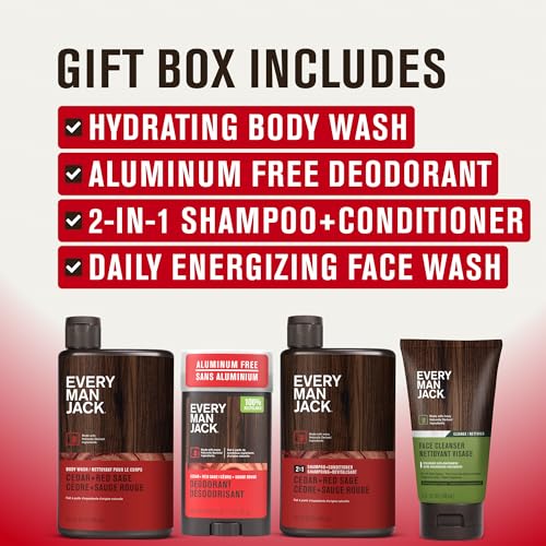 Every Man Jack Men's Bath and Body Gift Set - Cedar & Red Sage Scent - Clean Ingredients - Includes Hydrating Body Wash, 2-in-1 Shampoo, Aluminum-free Deodorant & Face Wash - Image 3