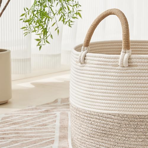 Image of KAKAMAY Large Blanket Basket 20 inchx13 inch, Cotton Rope Woven Laundry Storage Basket, Baskets for Toy,Stuffed Animal Storage, Dog,Toy Box, Gift Basket for Living Room Nursery Baby Hamper (Beige)