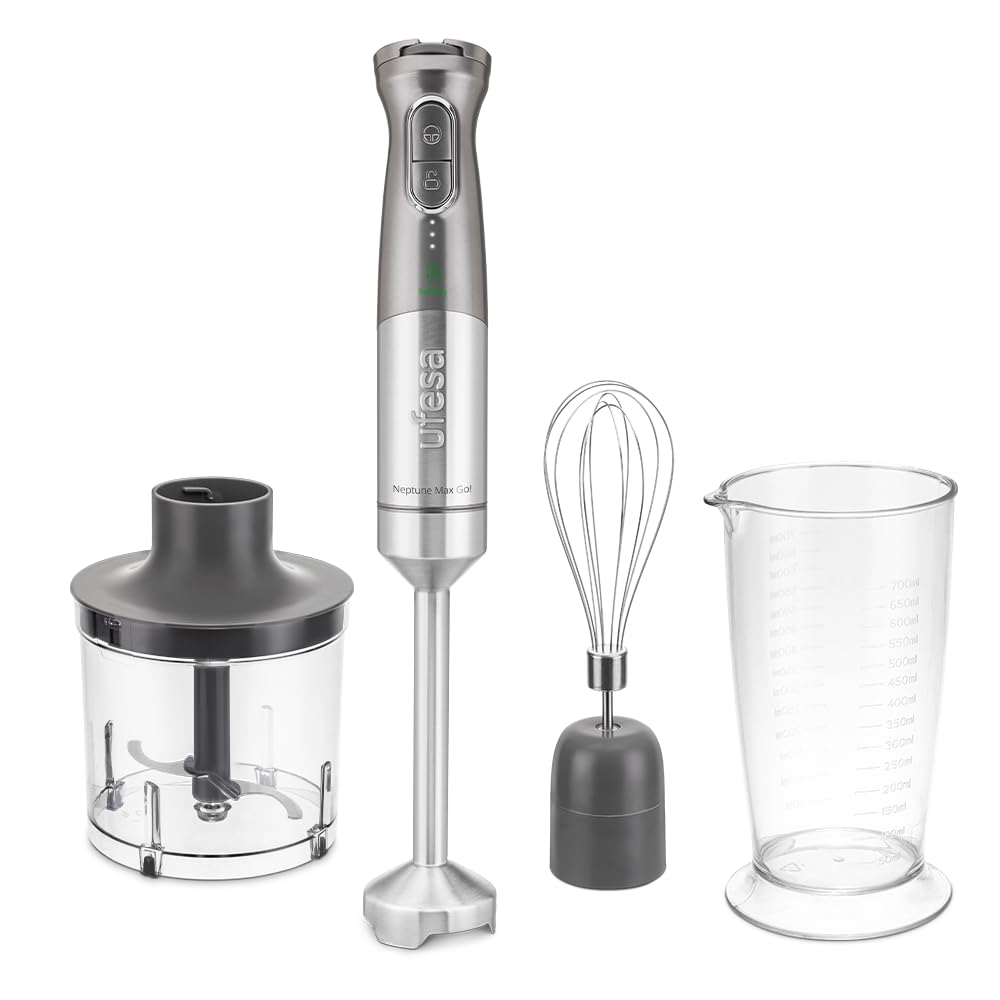 Ufesa Batidora de Mano Neptune Max Go, Recargable, Batería 2000 mAh, 5 Velocidades, USB-C, 4 Cuchillas, Picadora 500ml, Vaso Medidor 700ml, Batidor Emulsionador