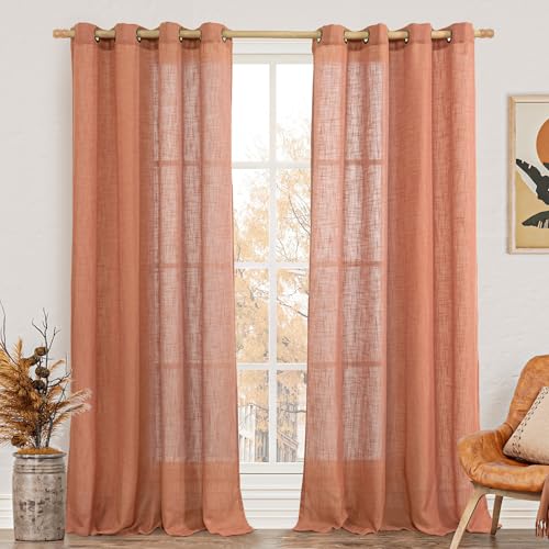 Image of LAMIT Extra Long Linen Curtains 108 inch Long for Living Room, Light Filtering Bronze Grommet Window Textured Semi Sheer Drapes for Bedroom Farmhouse, 2 Panels, 52 x 108 Inch, Terracotta