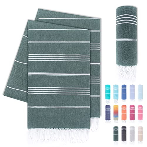 LAYNENBURG 2er-Set Premium Hamamtuch mit handgeknüpften Fransen - 100% Baumwolle - XXL Strandtuch 100x200 cm - Oeko-TEX 100 - Strandhandtuch groß - Saunatuch & Reisehandtuch (Dunkelgrün)