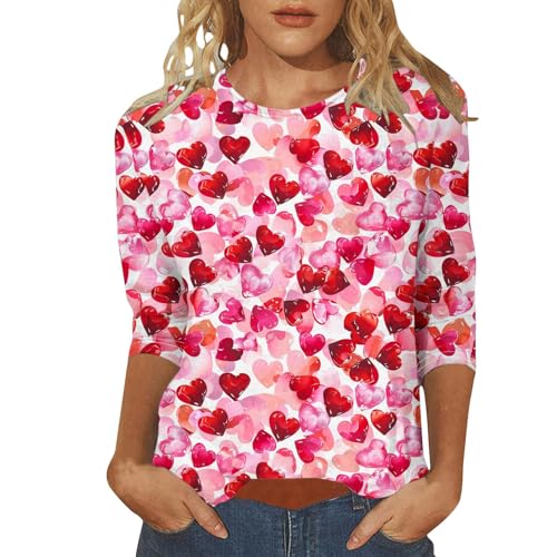 TDEOK Valentines Shirts for Women Trendy Heart Graphic 3/4 Sleeve Tops Funny Lover Blouses Valentines Gifts for Her T Shirt Print (Hot Pink, XXL)