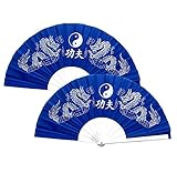 TJ Global Pack of 2 Large Folding Hand Fans with Chinese Dragons for Home Decor, Raves, Festivals, Concerts, Shows - 13 Inch (Blue)