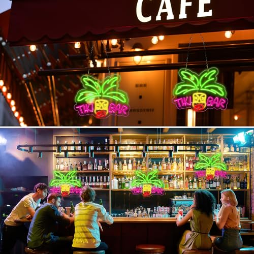 Image of Tiki Bar Neon Light Sign Dimmable LED Neon Sign Tiki Neon Light Up Sign for Wall Beer Bar Man Cave Pub Store Party Club Bistro Restaurant Luau Beach Hawaii Party Decoration