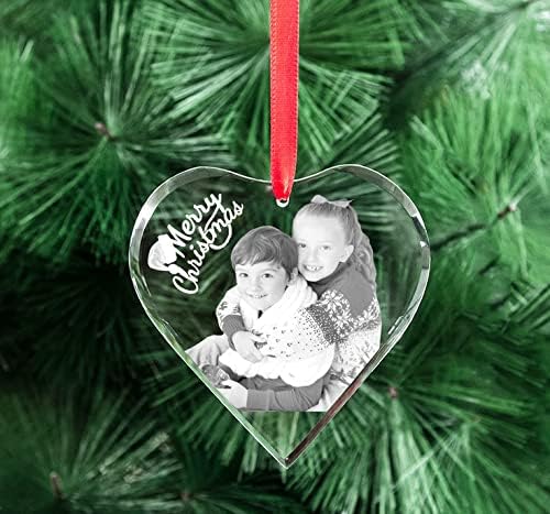 Vista 3 de Adorno personalizado de cristal 2D/3D con grabado láser, para la primera Navidad, boda, cumpleaños (adorno de corazón)