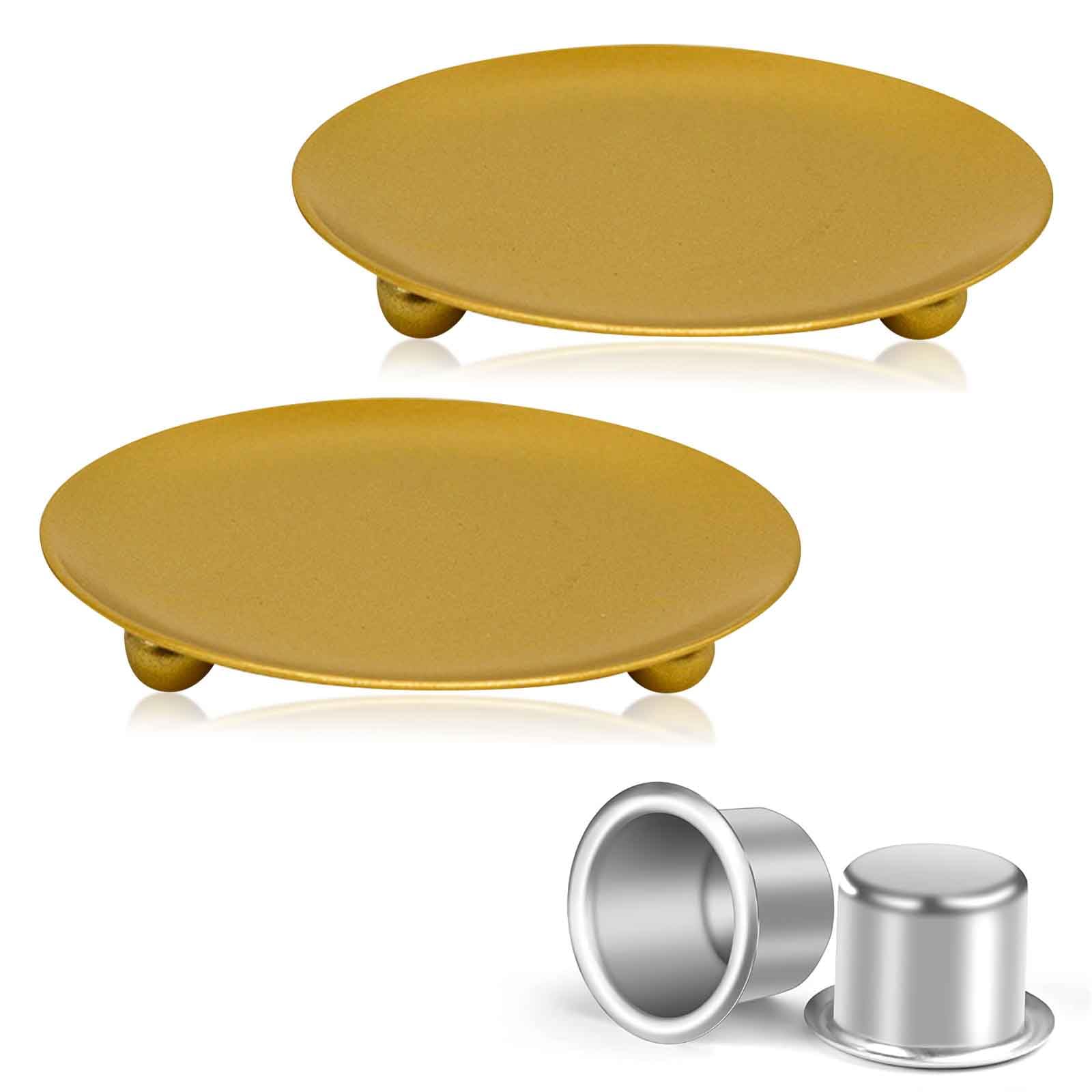 AYNKH - Juego de candelabros de pilar de dos piezas, estilo vintage de metal de oro, placa de hierro, portavelas, bandejas, decoración de bodas, oraciones, Navidad, creativa, taza de vela