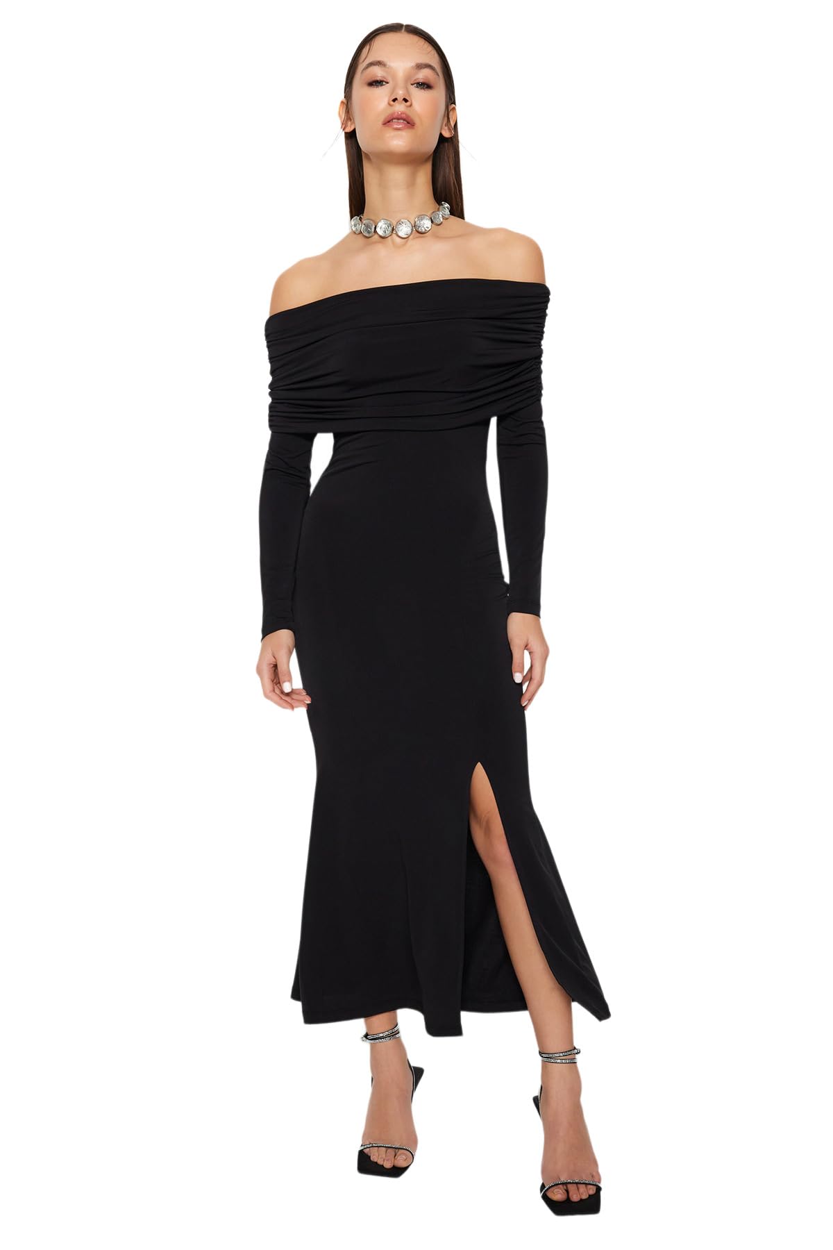 Trendyol Damen TPRAW24EL00296 Kleid, Schwarz/Schiere Freude, 40