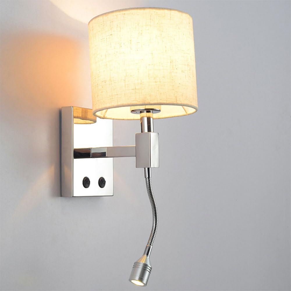 Pilanp Indoor Wall Lamp With Linen Fabric Shade Modern Wall Sconce With LED Reading Light Rustic Wall Light With Switch Bathroom Vanity Wall Mounted Fixtures For Bedroom Living Room Hallway Stairway
