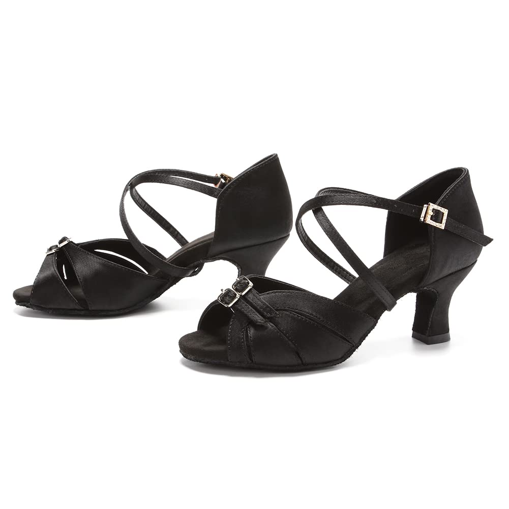 Damen Lateinische Tanzschuhe Satin mit ausgestelltem Absatz Tanzende Sandalen Latein Tanzschuhe,D28-Schwarz-5,EU35