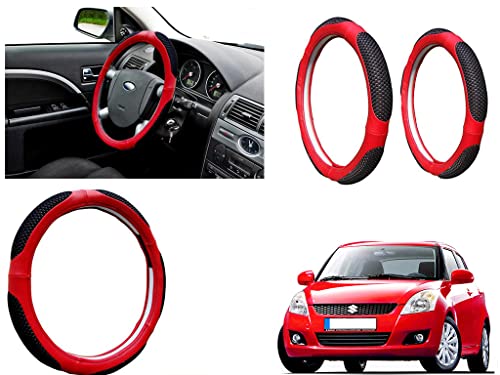 Image of Microfiber Car Steering Wheel Cover, Soft Padding Great Hand Feel, Anti-Slip, Faux Leather Steering Cover for Maruti Suzuki Swift Type2 | Black Red Jali - Pack of 1
