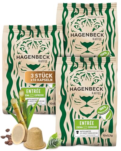 HAGENBECK ENTRÉE Crema Espresso 30 Stück | Biologisch abbaubare Kaffeekapseln | kompatibel mit Nespresso®*-Maschinen | Nachhaltig & Aluminiumfrei | 100% kompostierbare Bio-Bagasse-Kapseln