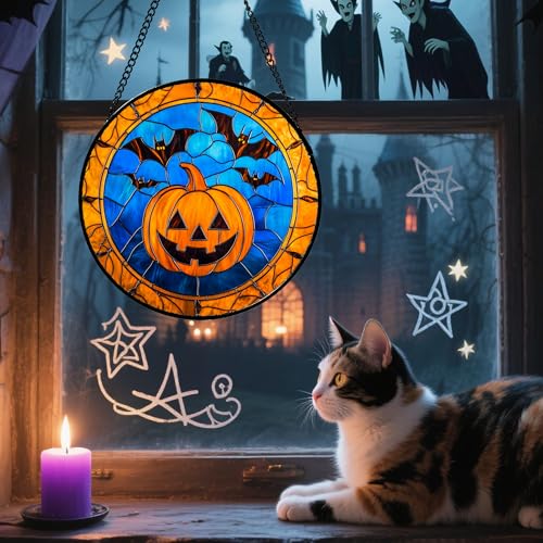 Image of Stained Glass Window Hanging - Halloween Evil Pumpkin Suncatcher for Doors Window Garden Indoor Spooky Brown Bat Sun Catchers Gothic Decor Horror Gifts for Women Men Friend Boy Girl 15 in