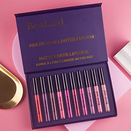 Bestland 10Pcs/Set Matte Lipstick Lip Kit, Velvety Liquid Lipstick Waterproof Long Lasting Durable Nude Lip Gloss Beauty Cosmetics Gift Box Makeup Set Kit (10 Piece Set) #TOP1