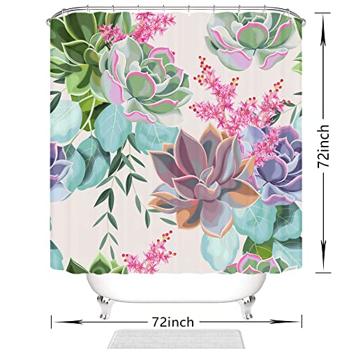 Hipposama Succulent Shower Curtain, Cactus Shower Curtain Set, Green Plant Shower Curtains For Bathroom, Waterproof Fabric With 12 Hooks, 72 X 72 Inches #TOP6