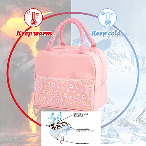 OTKARXUS Insulated Lunch Bag for Women,Portable Waterproof Lunch Box Cooler Bag with Daisy Pattern Transparent Pocket,Lunch Bag for Adults Girls Kids School Work Picnic Travel (A Pink) - Image 3