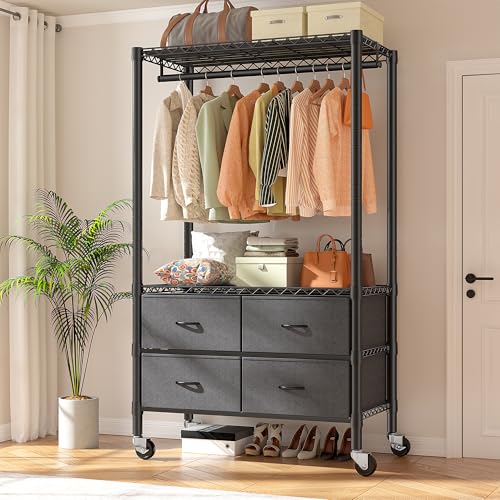 Image of Raybee Clothes Rack Heavy Duty Clothing Rack with Rolling Wheels & 4 Drawers, Clothing Racks for Hanging Clothes with Drawers, Black