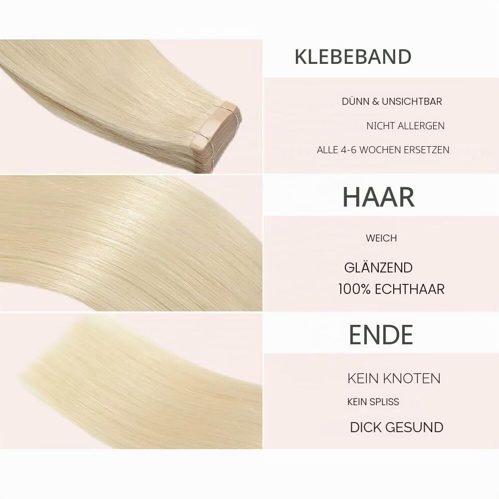 YDDM Tape Extensions Echthaar Hellblond 20pcs 60cm 50g Bleichblond Remy Invisible Tape in Extensions Echthaar Blonde Tapes Ins Dunkelblond Tape Extensions Skin Weft Haarverlängerung(24Zoll,60#)