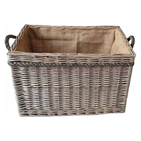 Large Delux Rectangular Hessian Lined Log Basket Antique Wash Finish Full Cane Willow Rope Handled Cover