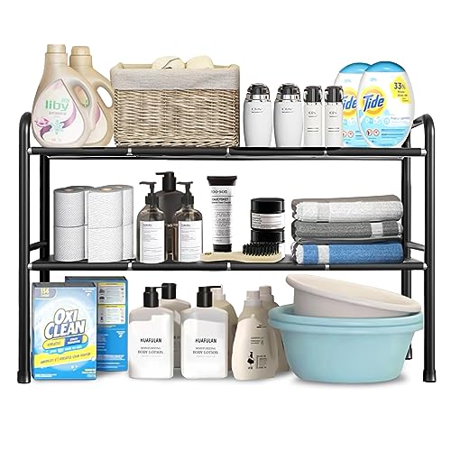 POJORY Under Sink Organizers, 2 Tier Expandable Cabinet Shelf Organizer with 8 Detachable Panels for Under Kitchen Bathroom Storage, Multi-Use Under Sink Organizers and Storage,Black