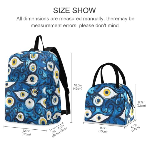 Backpack Lunch Bag Set Blue Evil Eye Print, Big Storage Travel Backpacks with Insulated Lunch Box for Office Hiking Picnic2