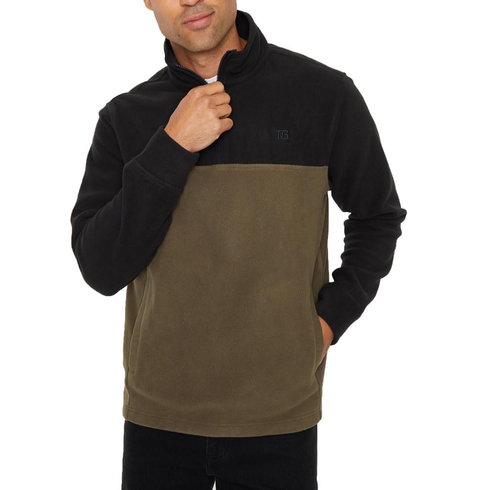 Threadbare 'Wham' Mens Two Tone Colourblock Quarter Zip Microfleece Sweatshirt Jumper, Black/Khaki, L