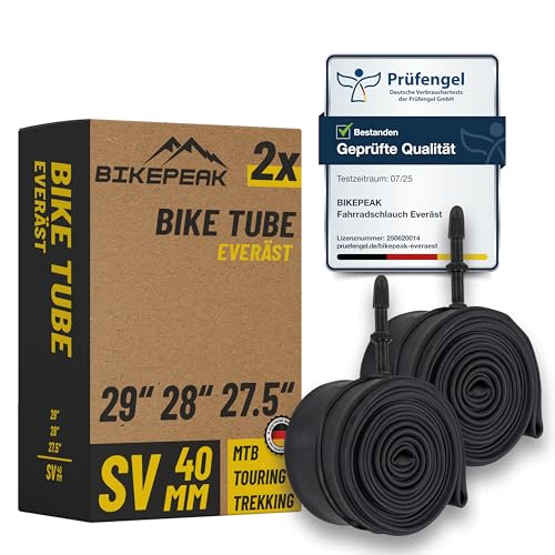 BikePeak 2X Fahrradschlauch MTB 29 28 27 5 Zoll mit schwarzem Sclaverandventil 40mm - Schlauch SV Presta Ventil ETRTO 40/62-584/635 700C - 2er Set Schläuche Everäst