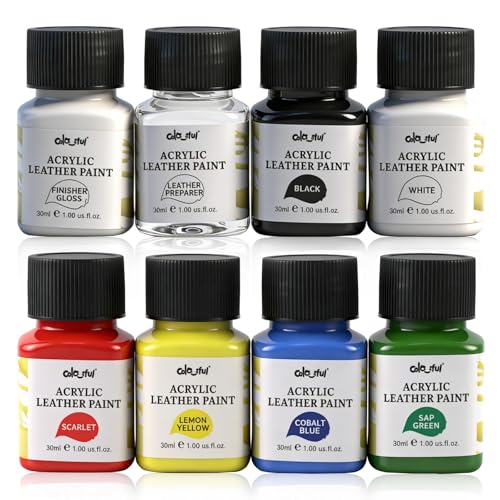 Colorful Acrylic Leather Paint 8 x 30ml Kit with Deglazer & Finisher Gloss 6 Colors Flexible & Waterproof Leather Dye Kit Perfect Shoes Sneaker Couches Bags Sofa and Car Seat