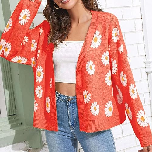 Image of Women's Long Sleeve Cardigan Sweater,Cute Y2K Top Knit Colorful Patterned V Neck Button Outwear S~XL
