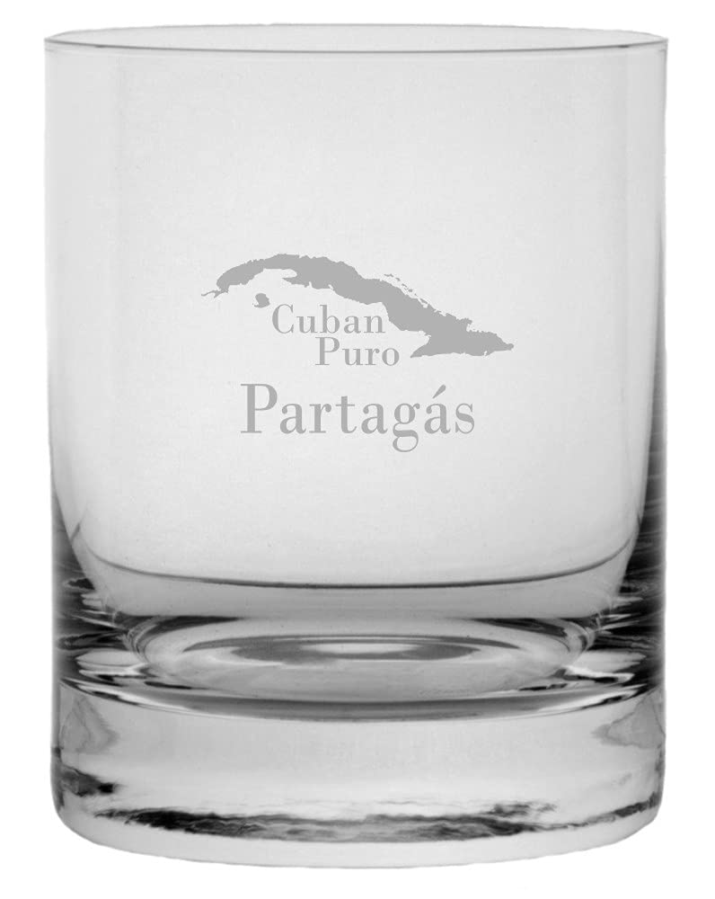Partagas Cuban Cigar Themed Etched 11oz Crystal Rocks Whisky Glass