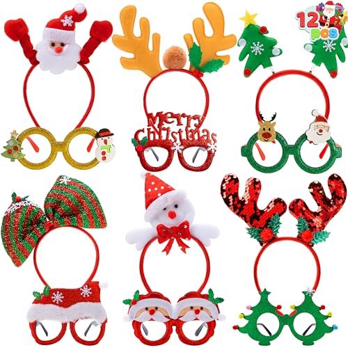 JOYIN 12 Packs Christmas Headbands and Glasses Frames Bundle Set, Assorted Christmas Glasses and Headbands Christmas Party Favors for Kids Women Men Christmas Party Supplies (One Size Fits All)