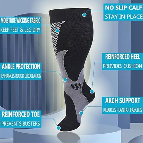 6 Pairs Plus Size Compression Socks Wide Calf for Men Women 20-30mmhg for Running Travel Flight Teachers3