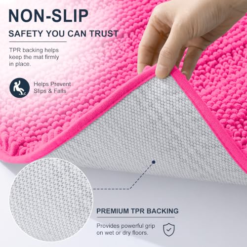 Image of Smiry Thick Chenille Bathroom Rugs 30x20, Extra Soft Absorbent Striped Bath Mat, Machine Washable, Rubber Backing, Bath Rugs for Bathroom, Tub & Shower, Home Decor Accessories, Hot Pink