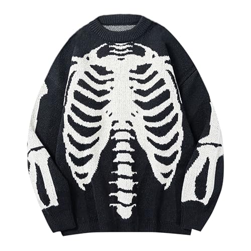 Halloween Sweaters for Mens Casual Knit Pullover Color Block Skeleton Pattern Sweater Crewneck Vintage Skull Pullover