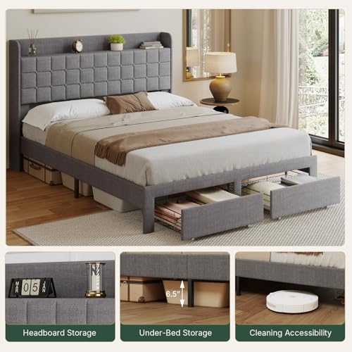Image of Queen Size Storage Bed Frame, Square Tufted Headboard, Platform Bed with 2 Underbed Drawers at Foot, Wooden Slats Support, No Box Spring Needed, Dark Gray