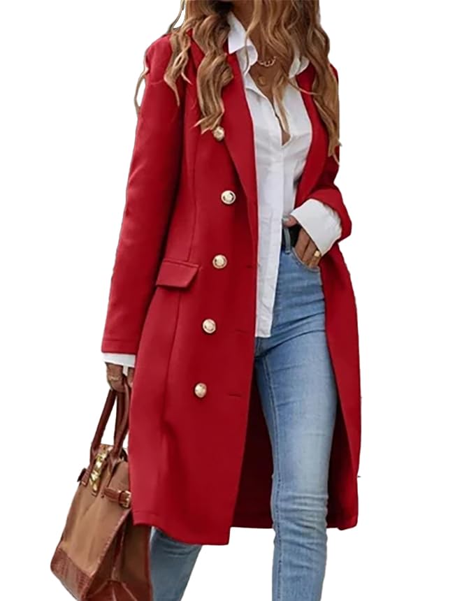 IDEALSANXUN Langer Damenmantel aus Wolle für Herbst und Winter, Trenchcoat, trendige Jacken, Rot/Ausflug, einfarbig (Getaway Solids), Large