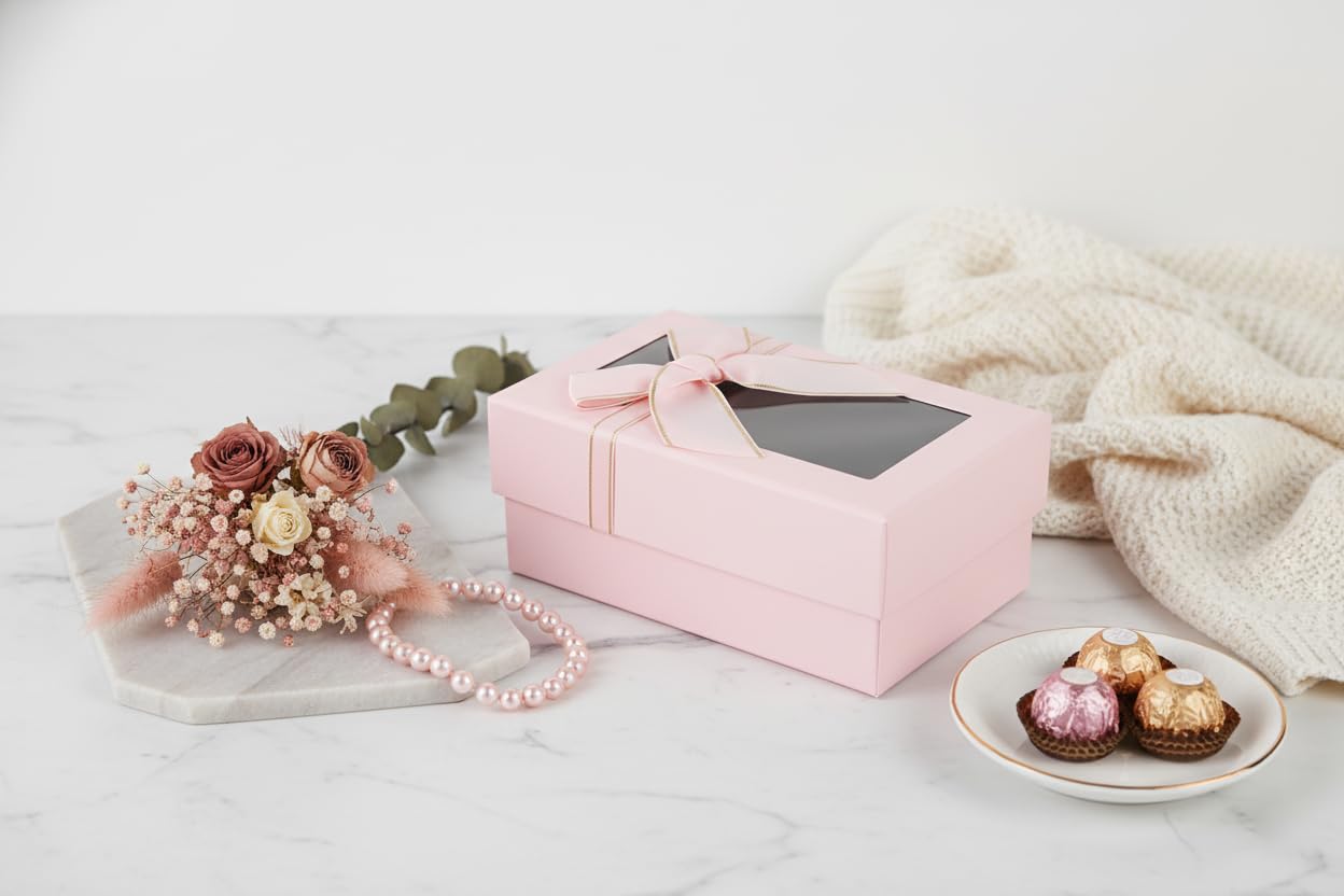 Emartbuy 6 Stück Luxus Baby Pink Geschenkboxen mit Band & transparentem Deckel - Starre Präsentationsboxen für Brautjungfer, Babyparty & Geburtstagsgeschenk - 15 x 9 x 6 cm