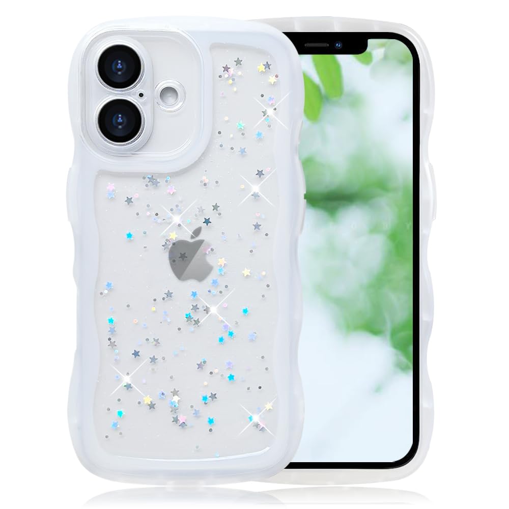 YUYIB スマホケース 対応 iPhone 16 ケース クリア キラキラ かわいい tpuソフトケース 薄型 傷防止背面 滑り止め 指紋防止 ストラップホール付き スマホケース アイホン16 カバー (透明白)