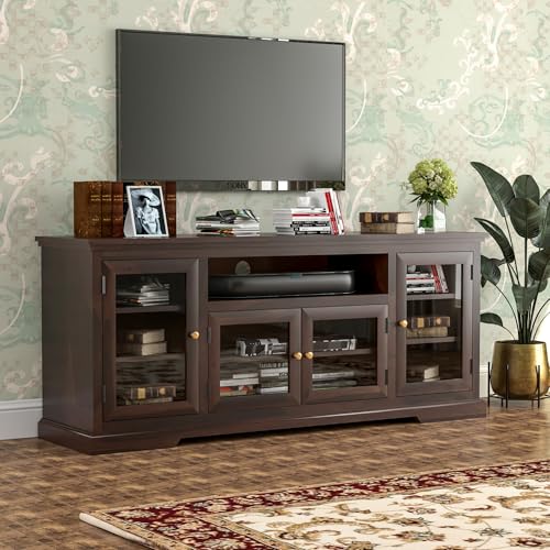 Image of Sheesham Solid Wood TV Cabinet for Living Room | Handcrafted Wooden TV Unit with Storage | Elegant Entertainment Stand for Modern Homes (Glass Tv Cabinet, Walnut)