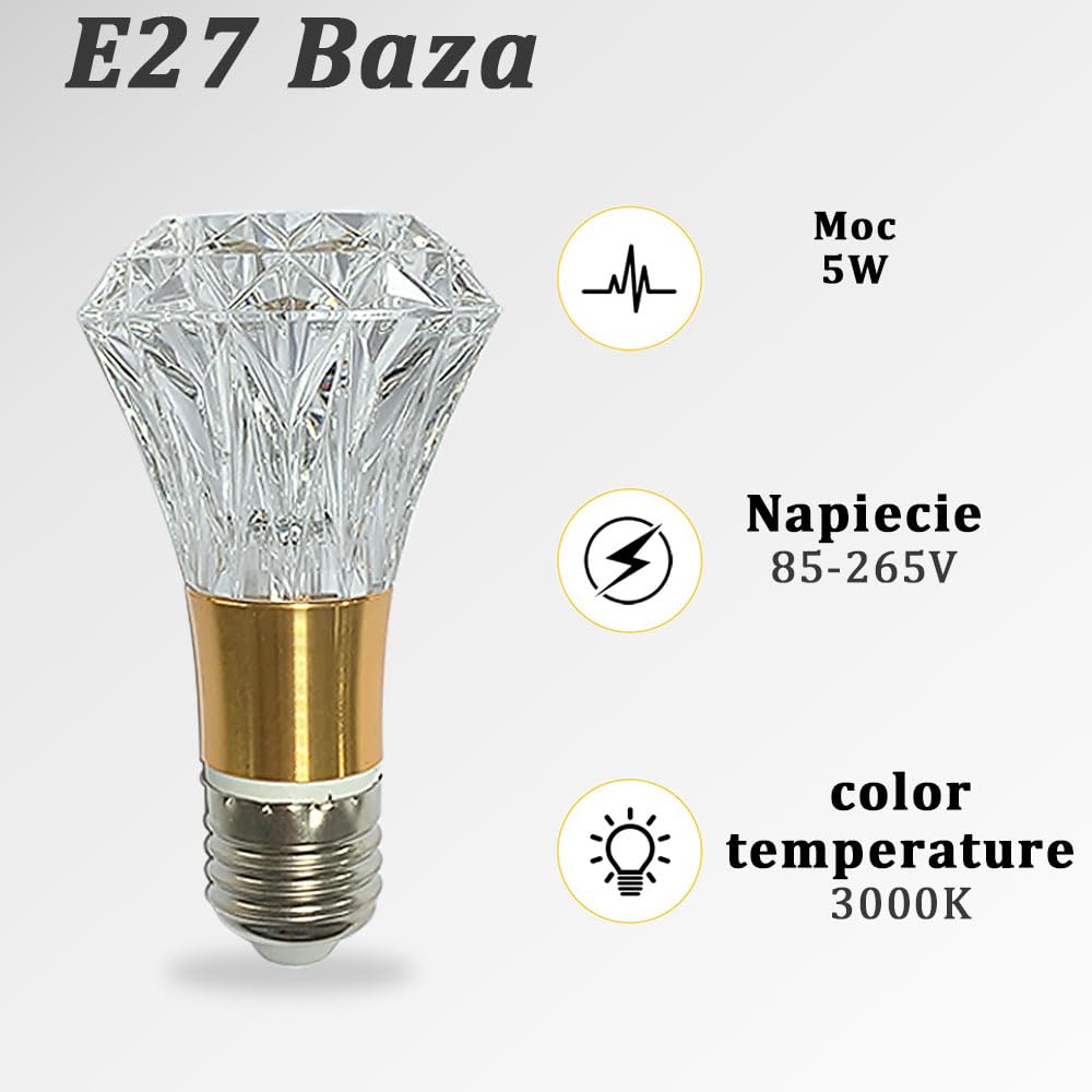 Żarówka Kryształ Akrylowy 5W z Gwintem Edison 85-265V, Ciepłe Światło 3000K, Gwint E27 Profesjonalna Żarówka Dekoracyjna (1 Sztuka E27-B009)