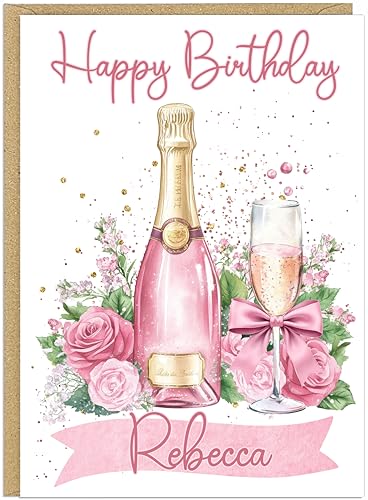 Personalised Pink Champagne Birthday Cards for Her - Luxury Prosecco - 5 Colours Including Rose Gold Blush Pink Customised Own Name and Text A5 Female Alcohol Themed Card (Pink)