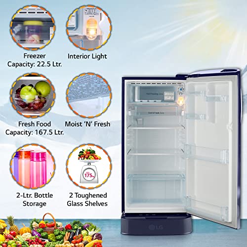 Image of LG 190 L 5 Star Inverter Direct-Cool Single Door Refrigerator Appliance (GL-D201ABCZ, Blue Charm, Base stand with Drawer, 2022 Model)