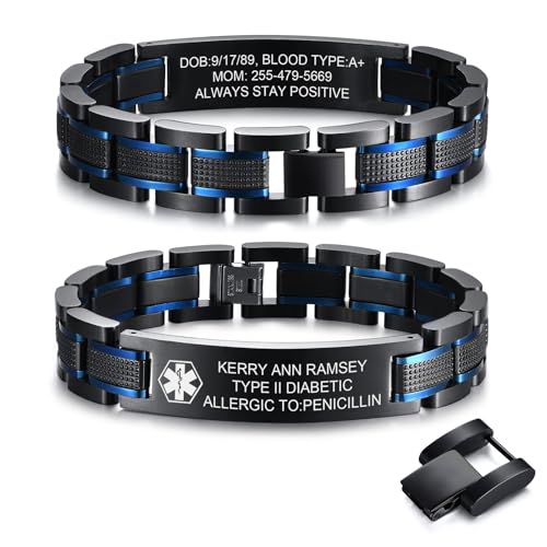 Free Custom Engraving Medical ID Bracelet 2-tone Blue Black Titanium Steel Heavy Masculine Elaborate Men's Medical Alert Bracelet Wristband Jewelry for Dad Customizable & Waterproof