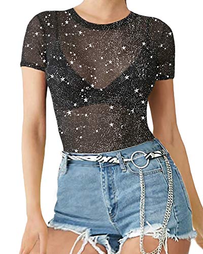 MANGOPOP Women's Long Sleeve Short Sleeve Glitter Sheer Mesh Tops T Shirt Blouse Clubwear (0-1113 (Silver Glitter), Large)