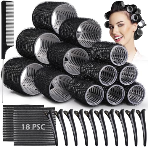 GeeRic 33 Piezas Rulos Pelo Grandes, Set de Rulos para el Pelo Profesional 25mm 36mm 44mm Autoadhesivas Bigudies Pelo Rulos Yautoadhesivos,Profesional Rulo de Peluqueria Salón,con 12 Clips(Negro)
