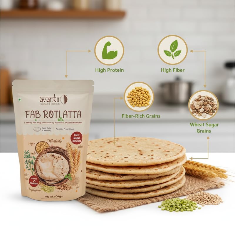 Image of Avantii Diabetic Fab Roti Atta | Soft Fluffy Rotis | High In Protein and Fiber | Flour | Breakfast | Instant Mix | Healthy Breakfast | 100% Natural Ingredients Each - 500g Pack of 2