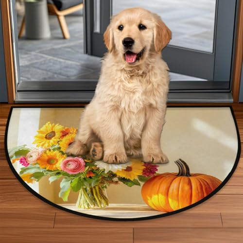 Image of cfpolar Half Round Door Mat Autumn Sunflowers Pumpkins Non-Slip Semi Circle Area Rug Washable Half Moon Hearth Rugs for Indoor Outdoor Bathroom Kitchen Patio Runner Mat Laundry Room Home Decoration
