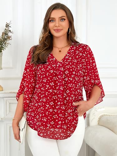 Siddhe Womens Plus Size Tops 3/4 Sleeves Chiffon Blouses Dressy Casual Fall V Neck Loose Fit Double Layers Shirts(XL-5XL)2