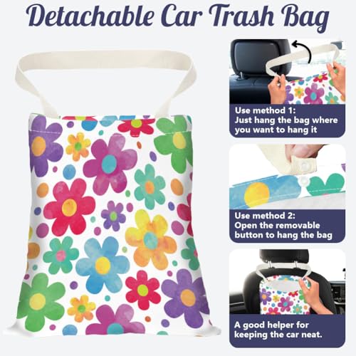 Image of Watercolor Flower Car Trash Bag Hanging Cars Garbage Bags With Snap Buttons Cute Car Back Seat Trash Bag Portable Garbage Can for Interior Hanging Car Accessories Travel