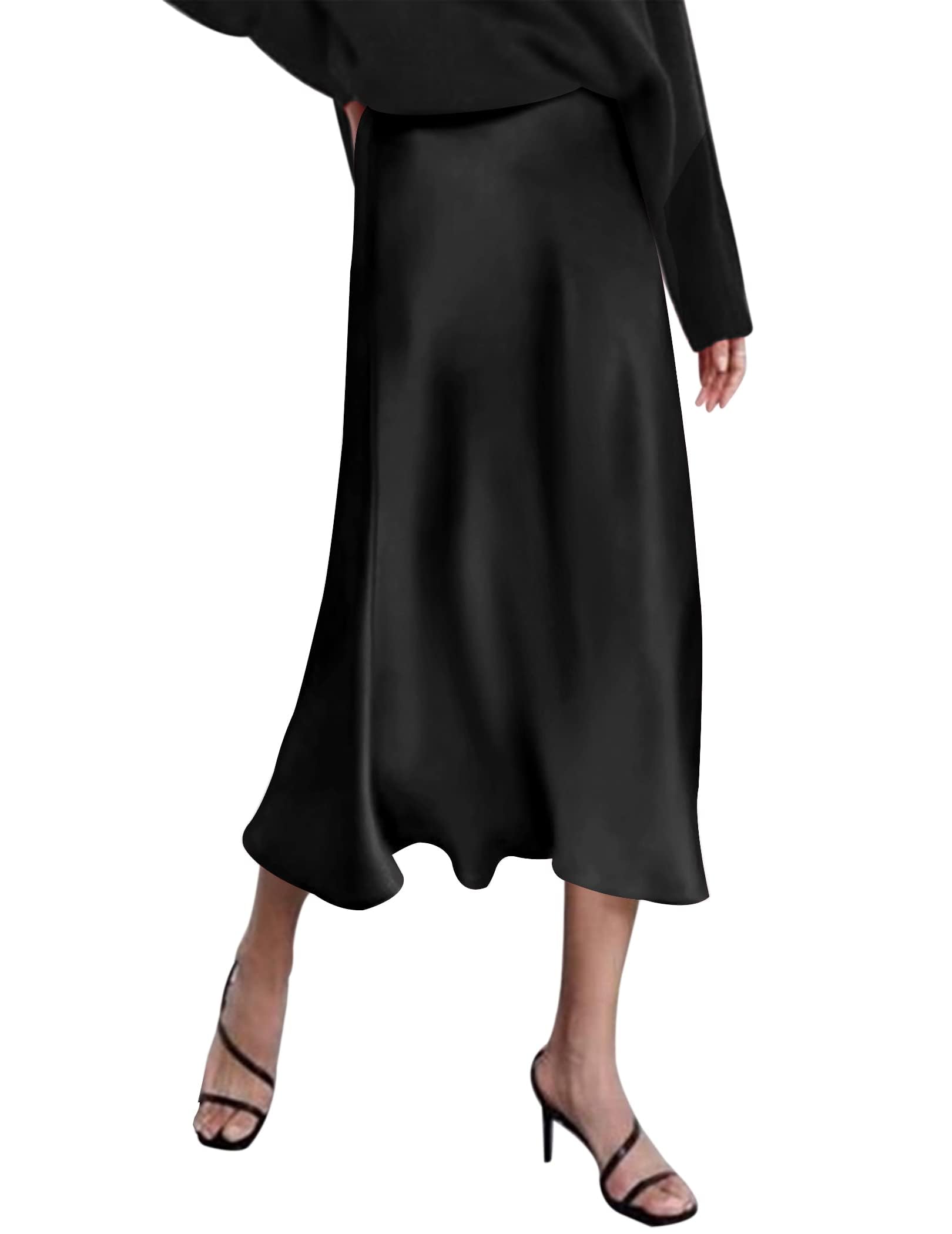 Zeagoo Gonne da donna in raso casual in seta gonna midi a vita alta gonne lunghe con cerniera elegante gonne da lavoro